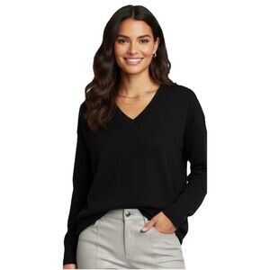 Nordstrom 100% Cashmere Sweater Black V Neck Size Large Pullover Luxury